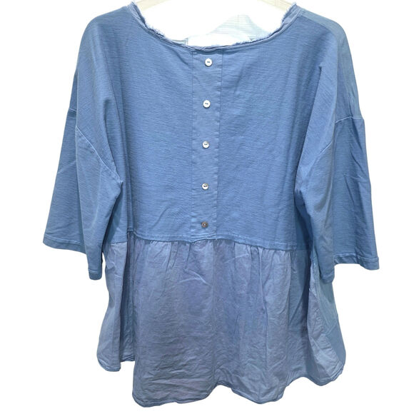 Sundance Mix Media Blouse 3/4 Sleeve Peplem Sz Large Blue Faux Button Back - Picture 2 of 12